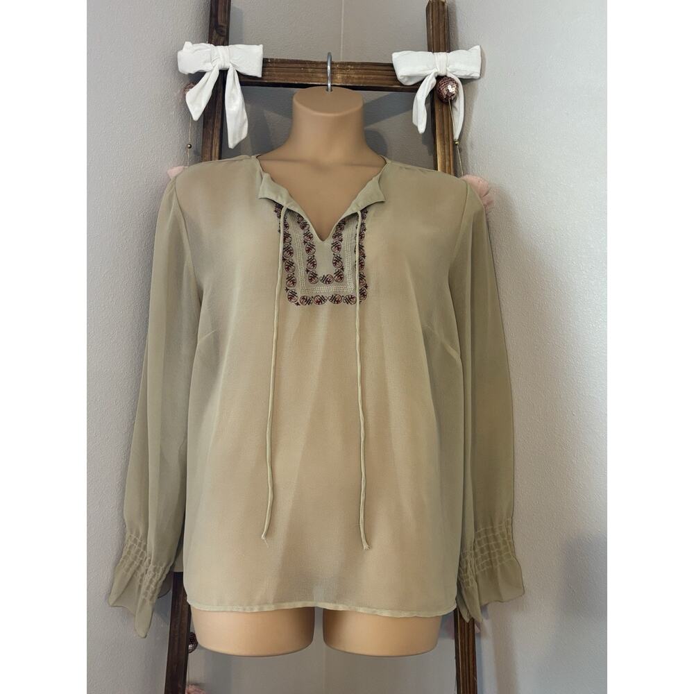 Beige Lightweight Blouse With Embroidered Placket Long Sheer Bishop Sleeves